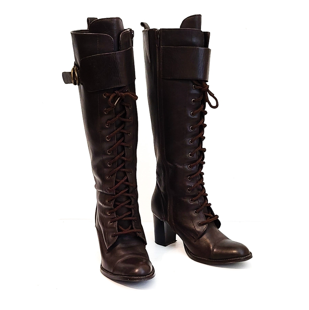 Vintage Tall Brown Heeled Lace Up Boots